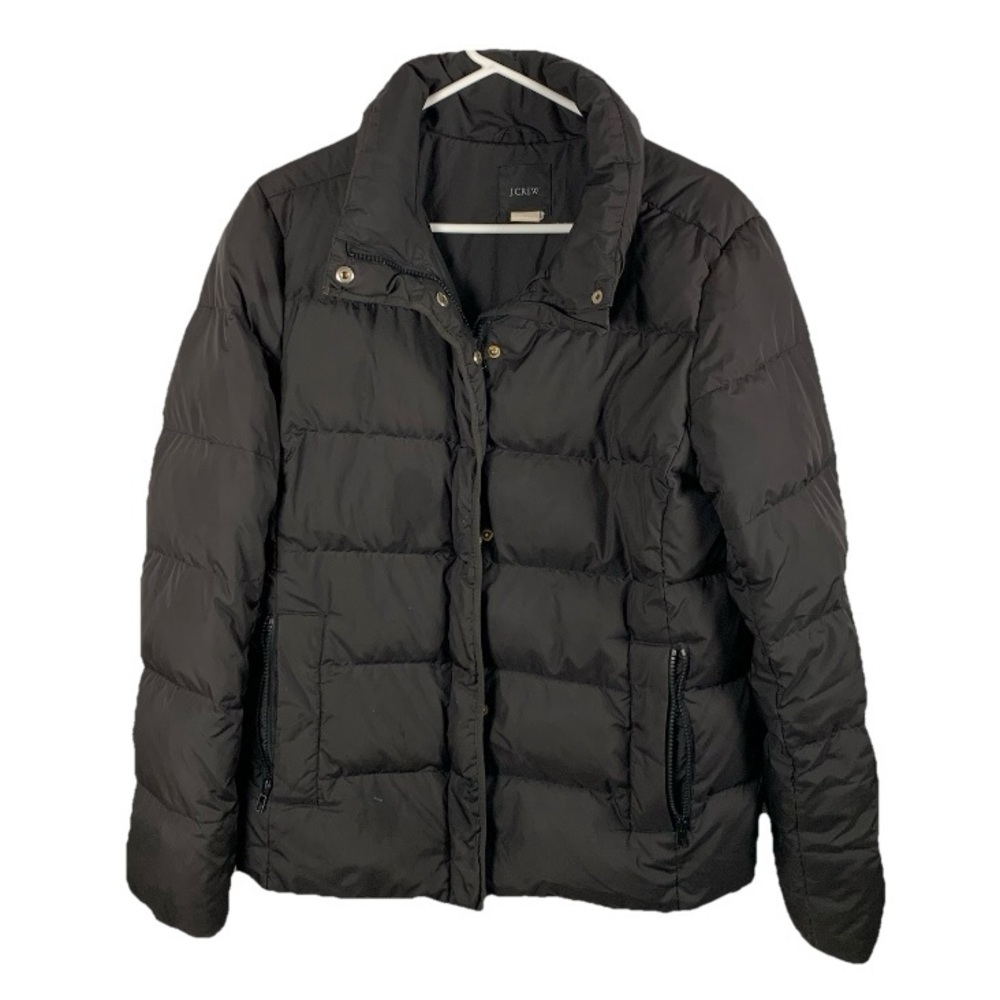 J. Crew Short Black Down Puffer Coat Women Sz‎ L Zip Pockets NO HOOD